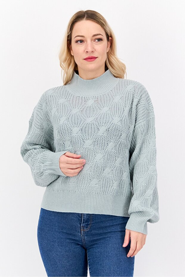 Women Mock Neck Knitted Sweater, Sage