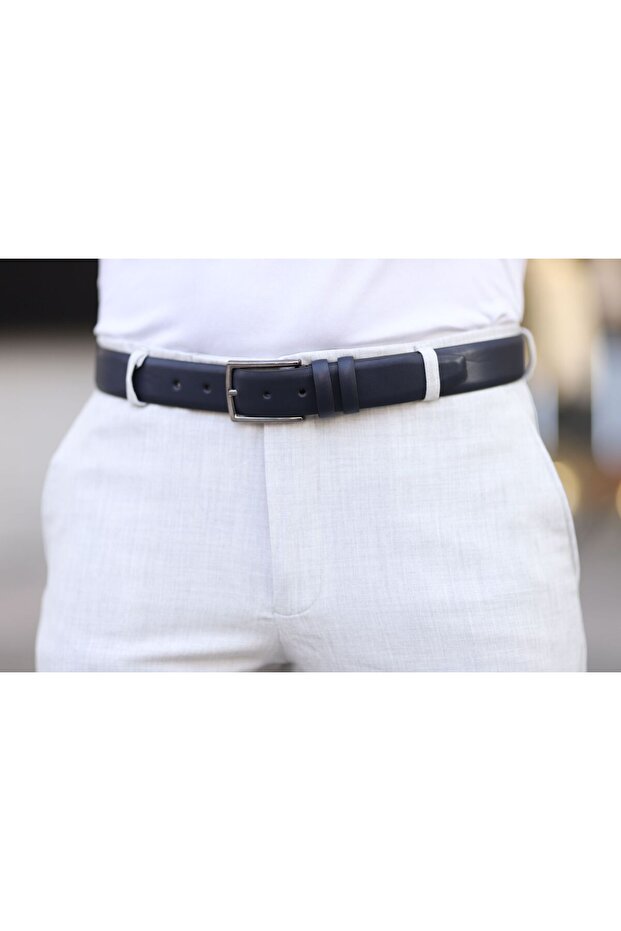 Navy Blue Leather Men's Belt Metal Buckle Classic Fabric Pants Belt 3.5 cm