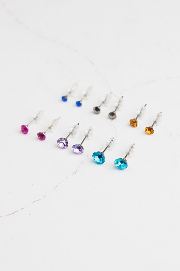 Colorful Single Stone Earring Set - 4