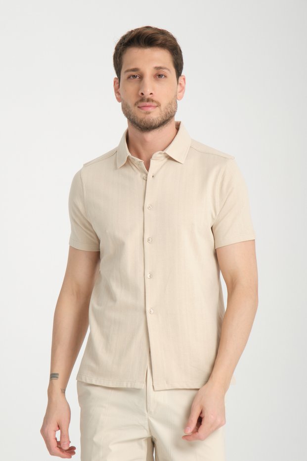 Lucero Men's Beige 100% Cotton Non-Shrink Slim Fit Slim Polo Neck Sports Shirt