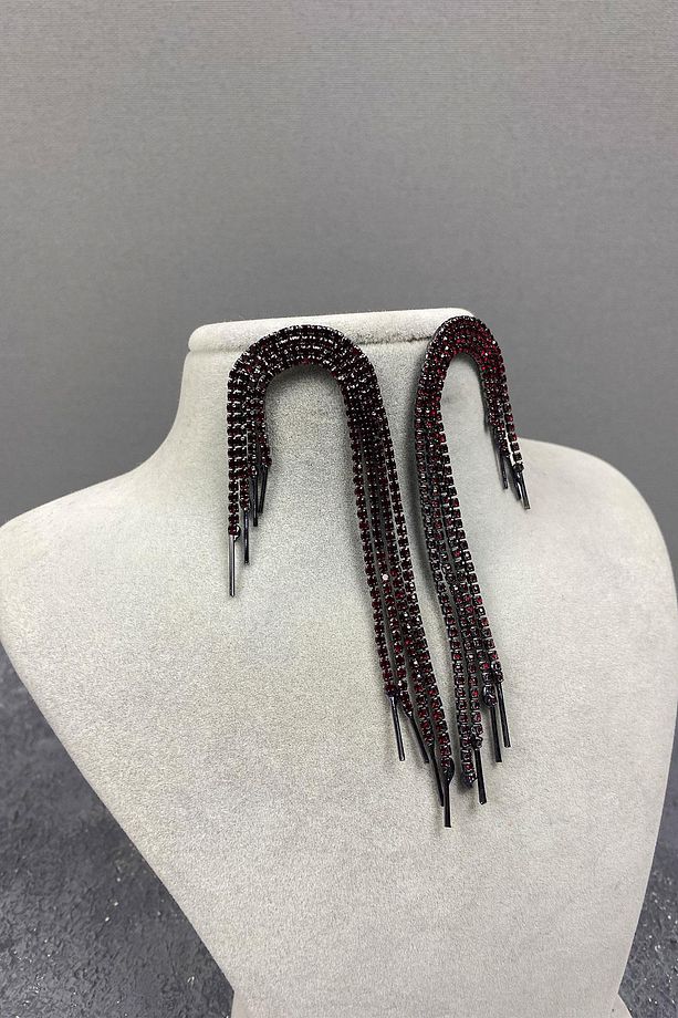 Bordo Sallantılı Abiye Taşlı Küpe - 3