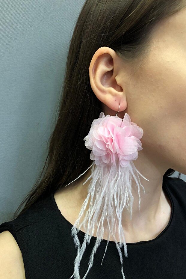 Pink Color Floral Feather Earrings
