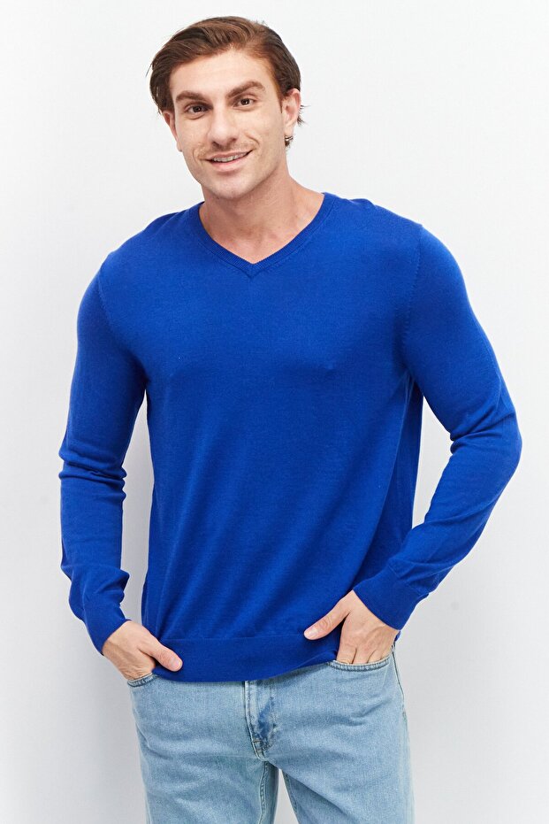 سترة رجالية سادة بفتحة رقبة على شكل حرف V، باللون الأزرق - 1