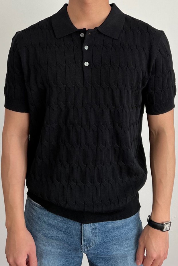 Men's Thin Hair Braided Buttoned Slim Fit Polo Neck Knitwear T-Shirt