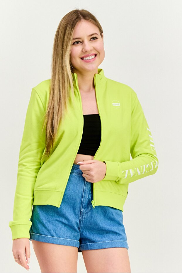 Women Mock Neck Long Sleeve Graphic Print Full Zip Sweatshirt, Lime Green