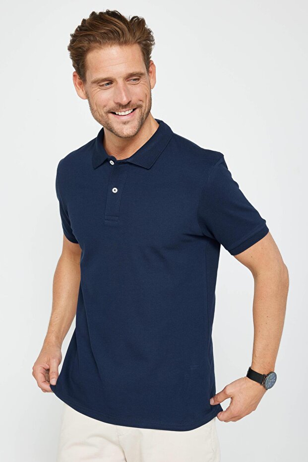 Men's Slim Fit Slim Fit 100% Cotton Plain Pique Navy Blue Polo Collar T-Shirt