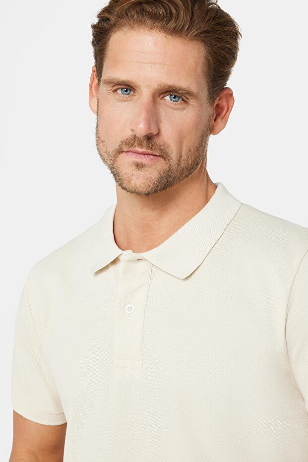 Erkek Slim Fit Dar Kesim Pamuklu Yumuşak Doku Nefes Alan Kumaş Kıvrılmaz Yaka Ekru Polo Yaka Tişört - 1