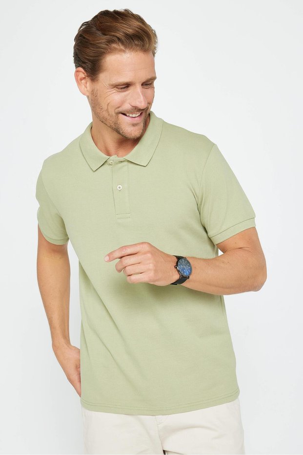 Men's Slim Fit Slim Fit 100% Cotton Plain Pique Green Polo Collar T-Shirt