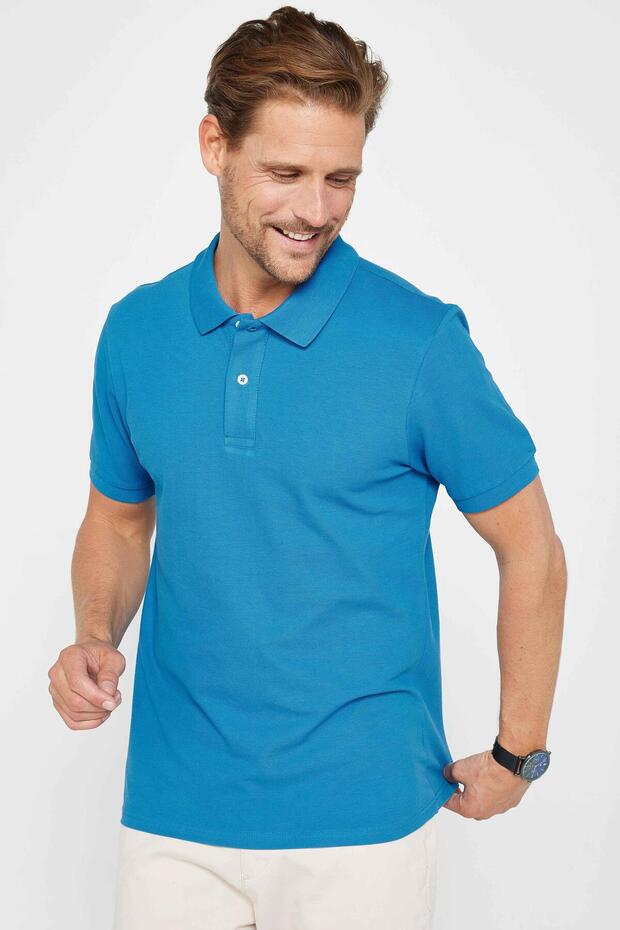 Men's Slim Fit Slim Fit 100% Cotton Plain Pique Blue Polo Collar T-Shirt