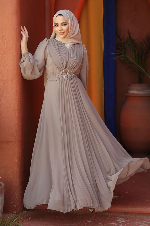 Drape Detaylı Vizon Tesettür Abiye Elbise 4448v - 2