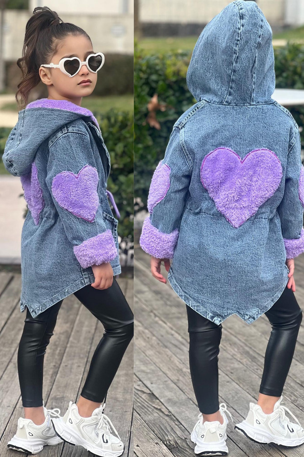 Girl's Hearted Welsoft Plush Denim Coat - Girl's Plush Denim Jacket - Seasonal - Holiday Wear