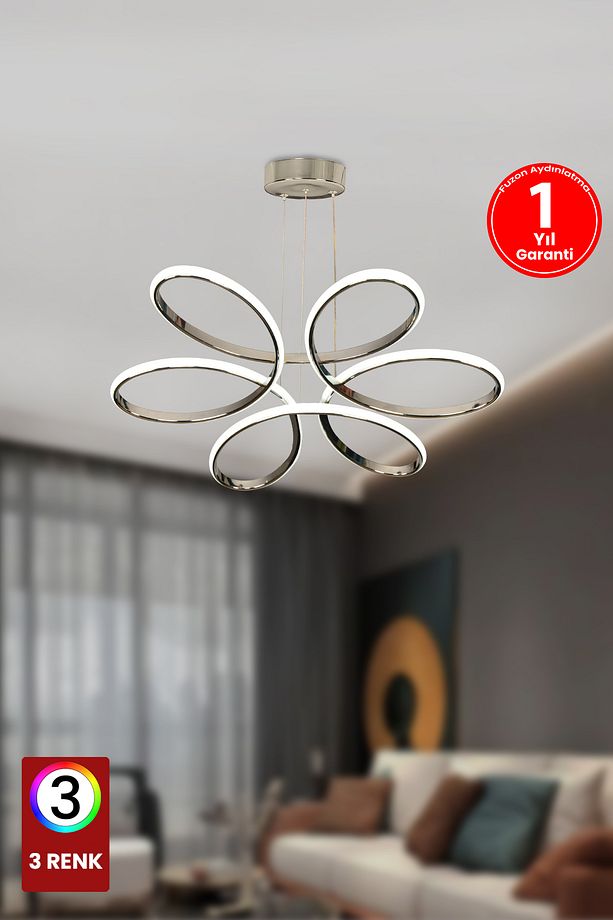 Orkide Medium 3 Renk Kumandasız  Gümüş Led Avize  Salon Avize Oturma Odası Avize - 3
