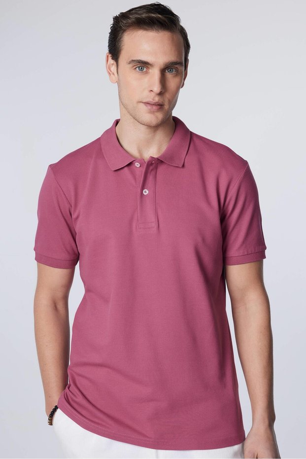 Men's Slim Fit Slim Fit 100% Cotton Plain Pique Purple Polo Collar T-Shirt