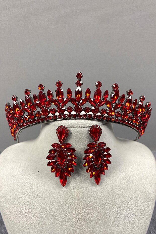 Red Pedro Stoned Bridal Henna Crown and Earring Set