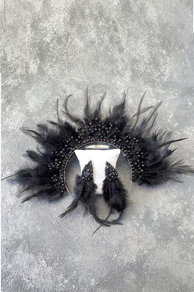 Black Rooster Feather Crystal Beaded Bridal Henna Tiara and Earrings