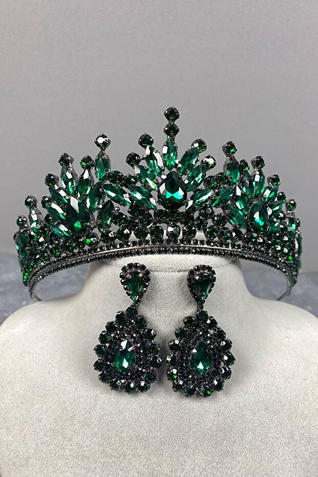 Green Pera Bridal Henna Crown And Drop Evening Dress Earrings