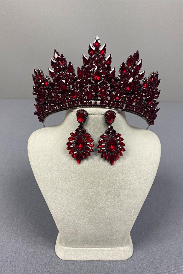 Burgundy Lotus Bead Embroidered Bridal Henna Crown and Drop Earring Set