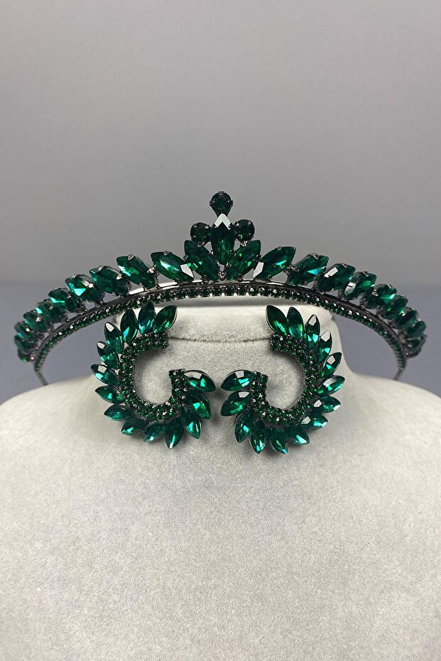 Green Ece Bridal Henna Crown and Round Jewelled Earring Set