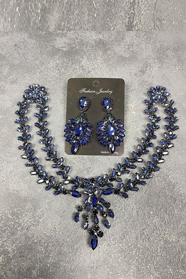 Navy Blue Sultan Frontlet Bridal Henna Hair Accessory and Evening Dress Jewelled Earring Set