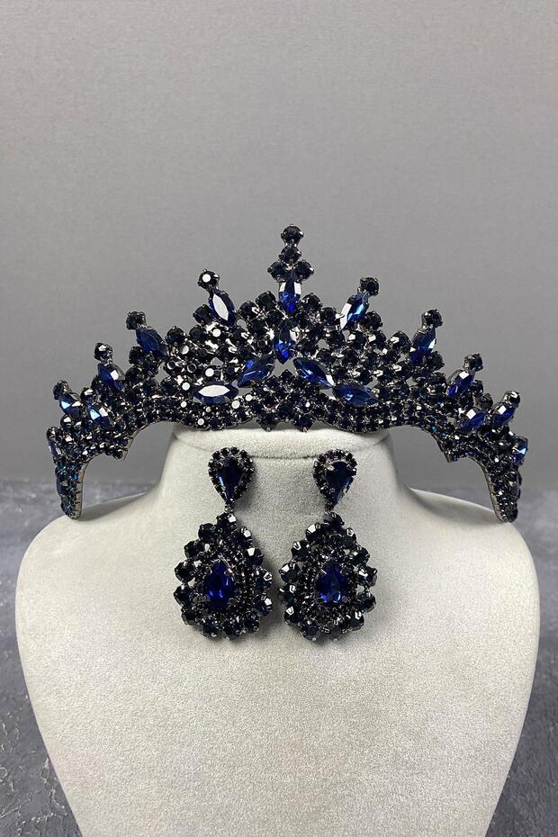 Navy Blue Tokyo Stoned Bridal Henna Crown and Drop Earring Set