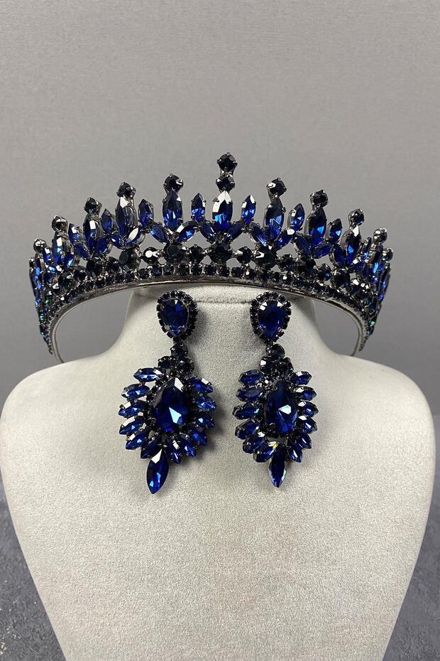 Navy Blue Pedro Stone Bridal Henna Crown and Evening Dress Earring Set