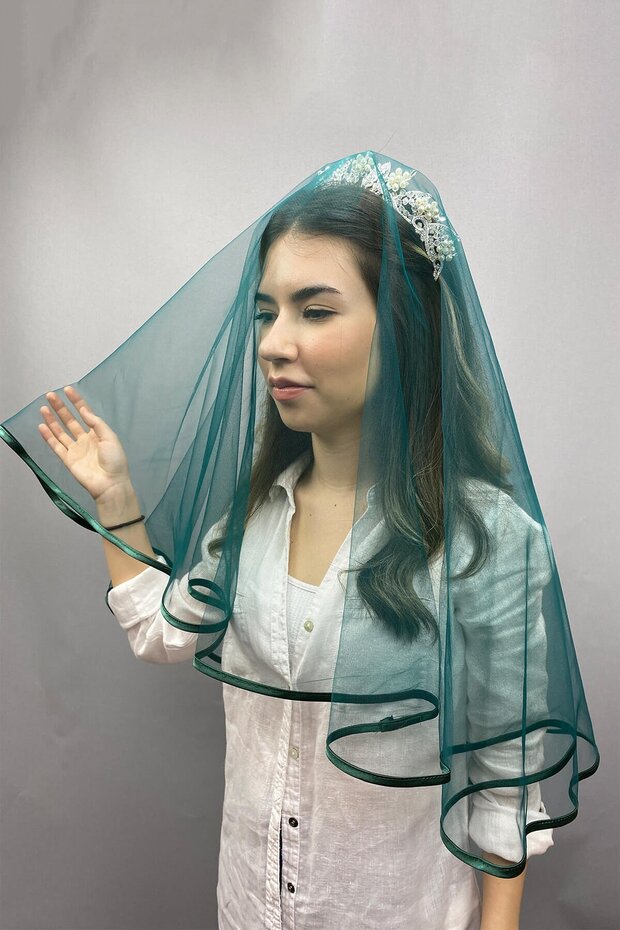 Green Piping Bridal Veil Face Cover