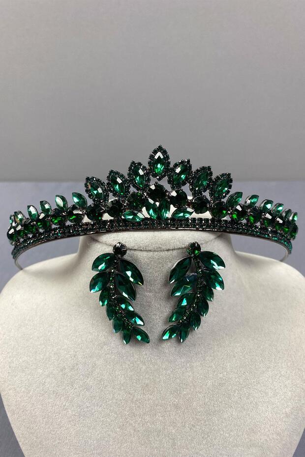 Green Leyn Bridal Henna Crown and Leaf Jewelled Earring Set