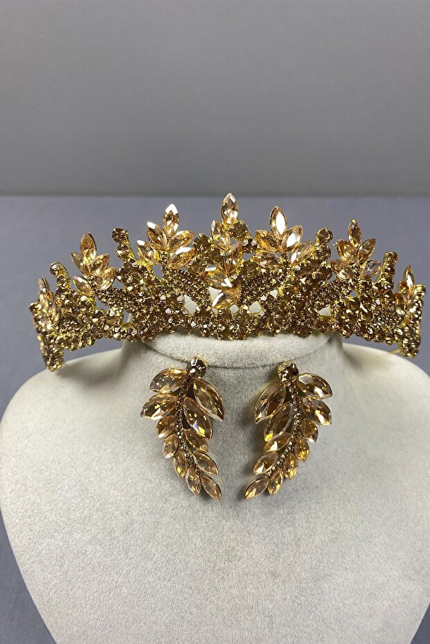 Honey Color Belur Bridal Henna Crown and Leaf Earring Set