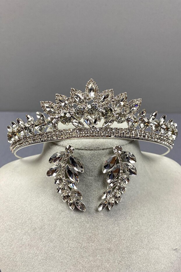 Silver Leyn Bridal Crown and Leaf Jewelled Earring Set