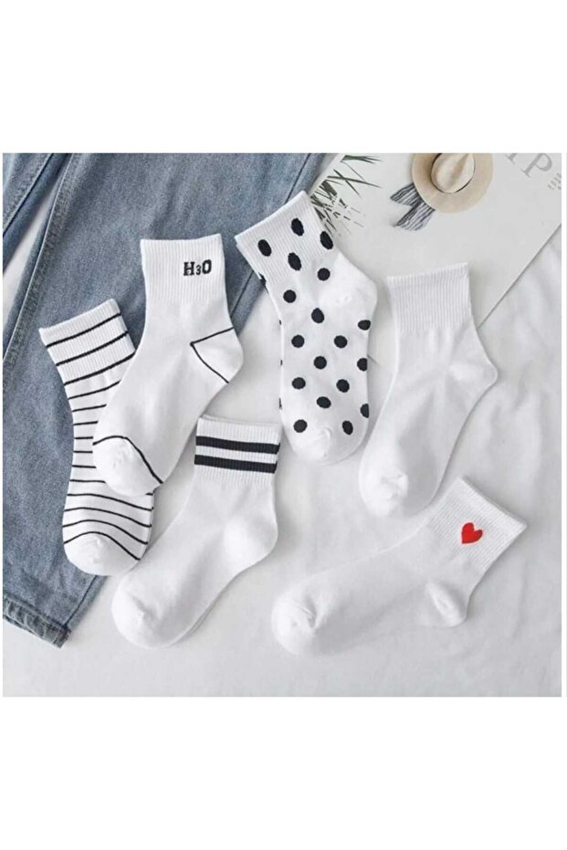6 Pairs Half-Toe Striped Unlined White Tennis Socks Seamless