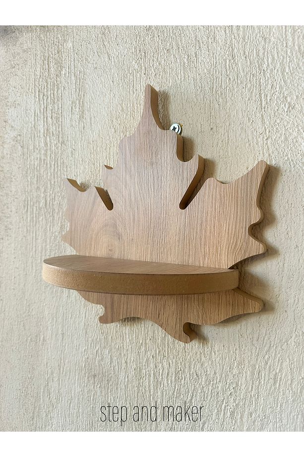 Ahşap Çınar Yaprağı Desenli Duvar Rafı - 30 cm - 3