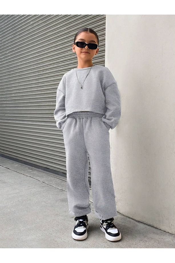 gri kız çocuk sweatshirt kısa yuvarlak yaka takım - 6