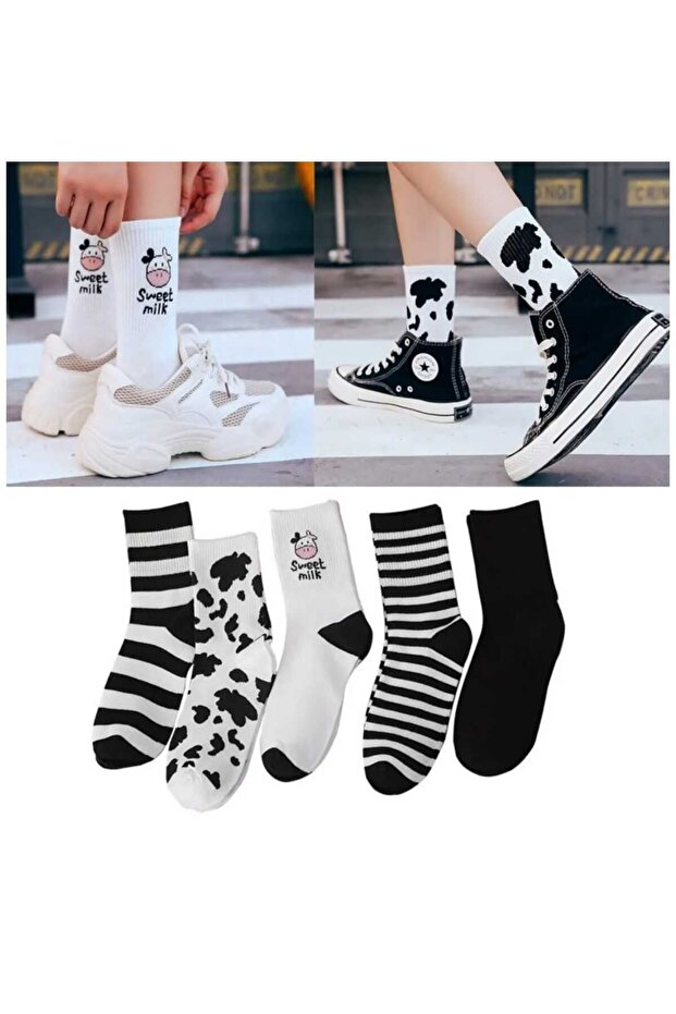 5 Pairs Women's Black White Cow Pattern Striped High Quality Tennis Socks