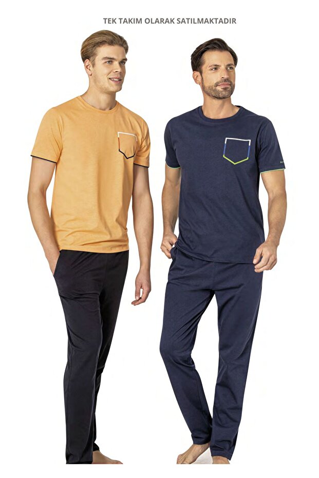 Licensed Men's Cotton Crew Neck Summer Pajama Set with Short Sleeves and Pockets