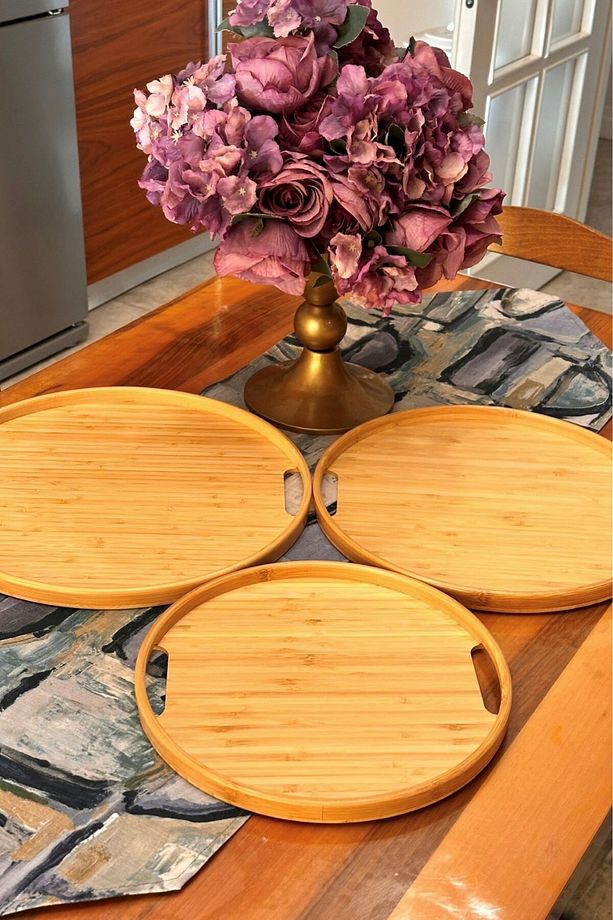 Yuvarlak Bambu Tepsi 3'lü Set, 30 cm, 35 cm ve 38 cm Çaplarında 3 Adet Bambu Tepsi, Tutamaçlı - 5