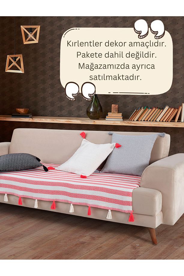Liva Ponponlu Mercan 2 Adet Koltuk Örtüsü 115x200 Cm Kanepe Divan Çekyat Berjer Örtüsü Püsküllü - 3