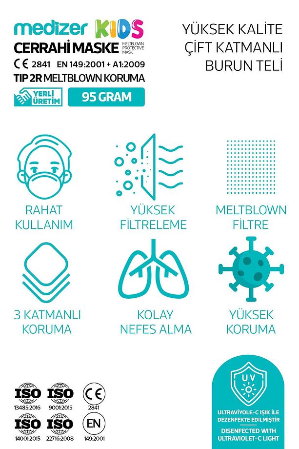 Full Ultrasonik Cerrahi Kız Çocuk Maskesi 50 Adet - Burun Telli - 10'ar Adet 5 Farklı Desen - 4