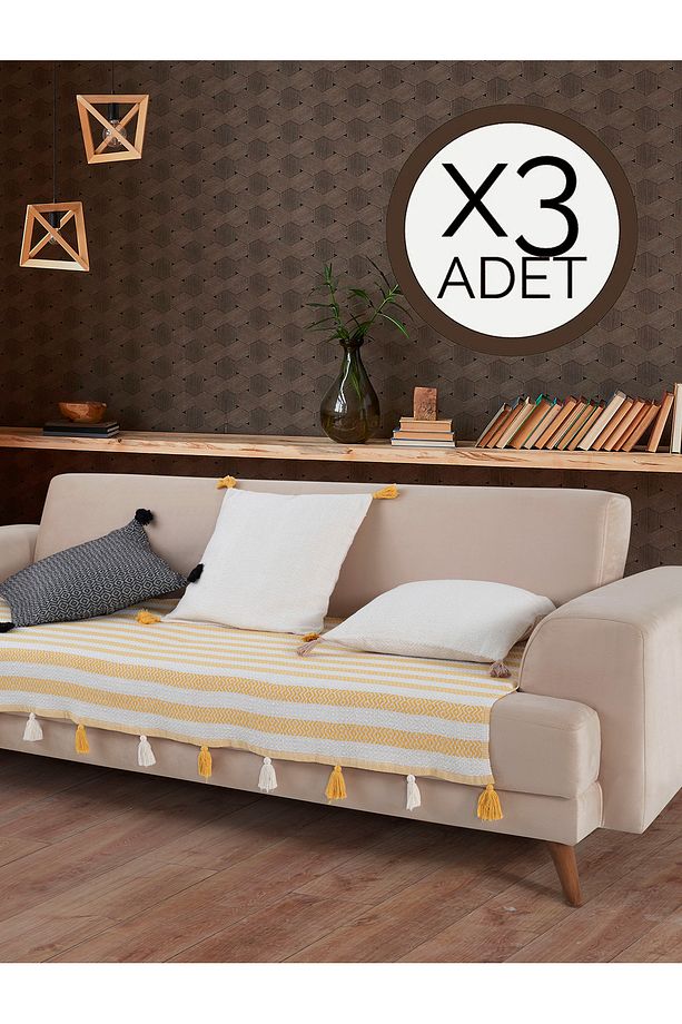 Liva Ponponlu Sarı 3 Adet Koltuk Örtüsü 115x200 Cm Kanepe Divan Çekyat Berjer Örtüsü Püsküllü - 1