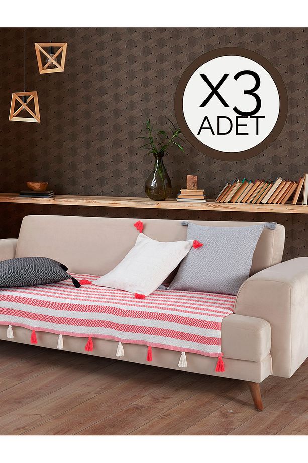 Liva Ponponlu Mercan 3 Adet Koltuk Örtüsü 115x200 Cm Kanepe Divan Çekyat Berjer Örtüsü Püsküllü - 1