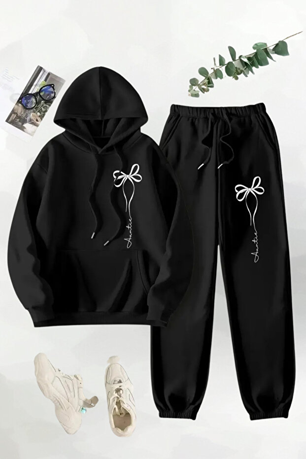 Women's Casual Hooded Sweatshirt and Sweatpants Set Butterfly Knotted Leisure Tracksuit Set