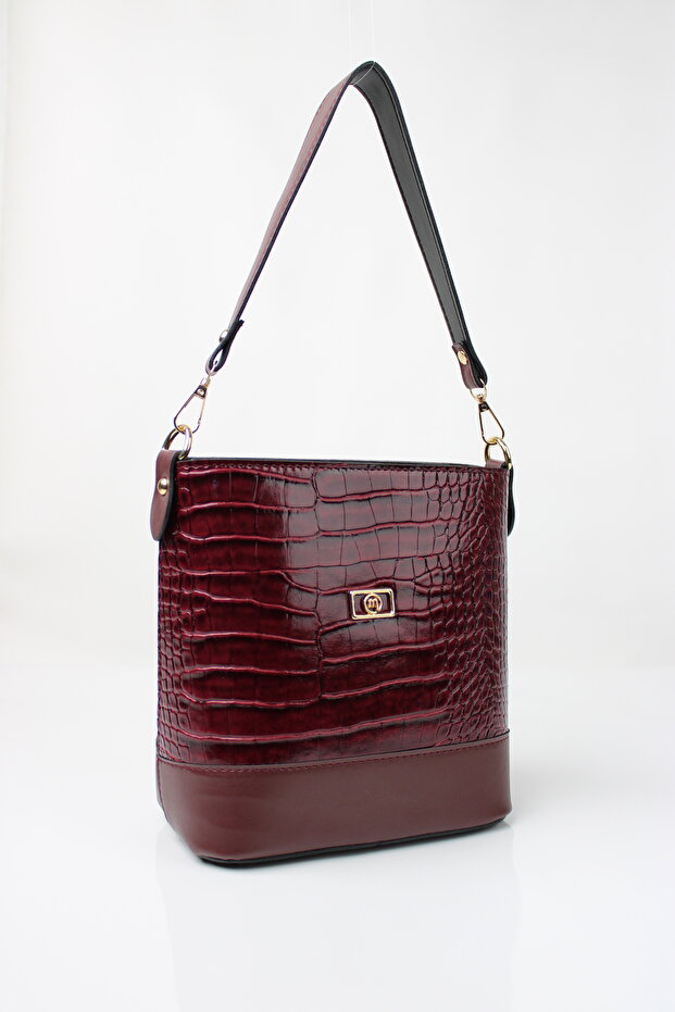 Burgundy Crocodile Skin Look Double Strap Women's Shoulder Bag