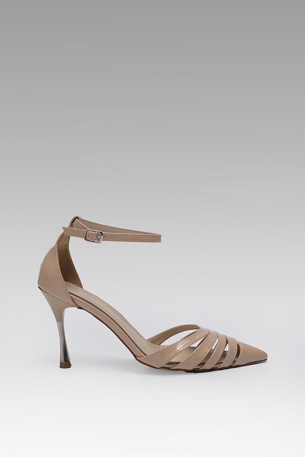 Kadın Bej Sivri Burun Bilekten Bağlı Stiletto Abiye Rugan Ayakkabı 9,5cm BYNDBS7567 - 5