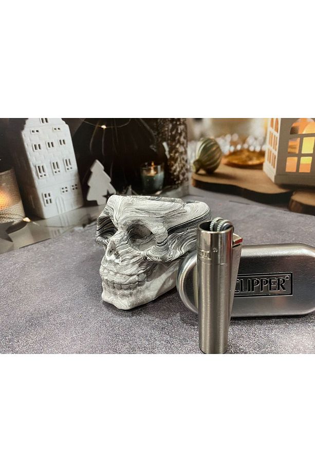 Metal Gri Çakmak ve Kuru Kafa Küllük Set - 1