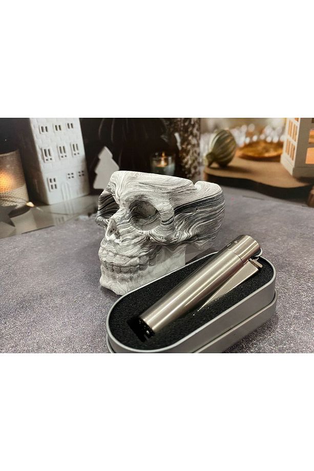 Metal Gri Çakmak ve Kuru Kafa Küllük Set - 3