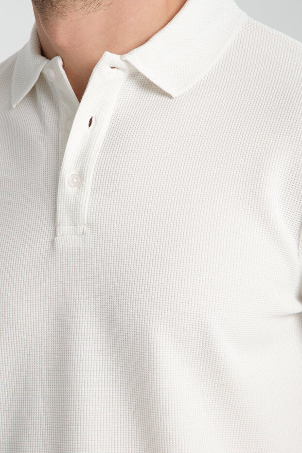 Walfer Men's White 100% Cotton Waffle Non-Shrink Fabric Slim Fit Non-Curling Polo Collar T-Shirt