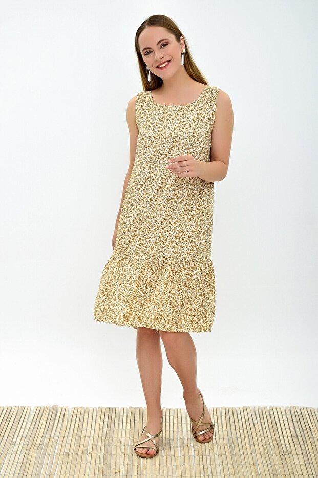 93030322 Dok.Vis.Çıtır Deseteği Ruffled Sleeveless Dress with Pockets Ecru-Yellow