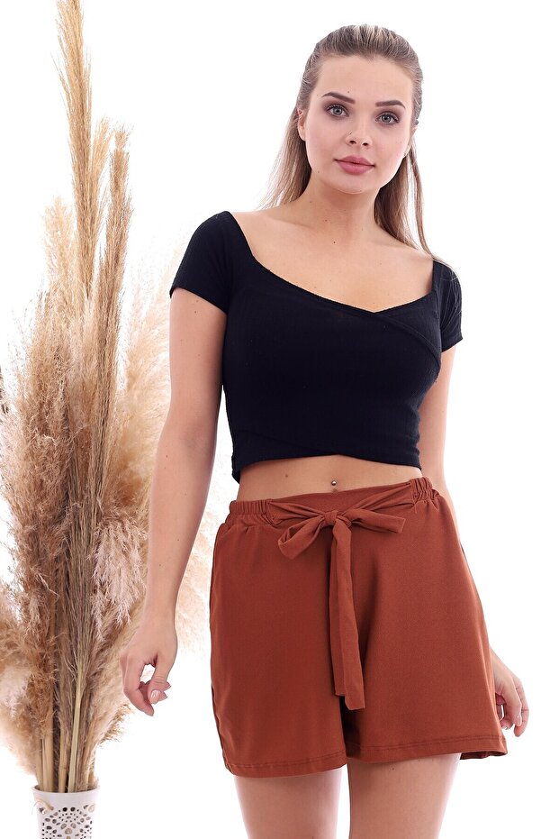 20064507 Knitted Crepe Pocketed Tie-Up Elastic Waist Shorts Cinnamon