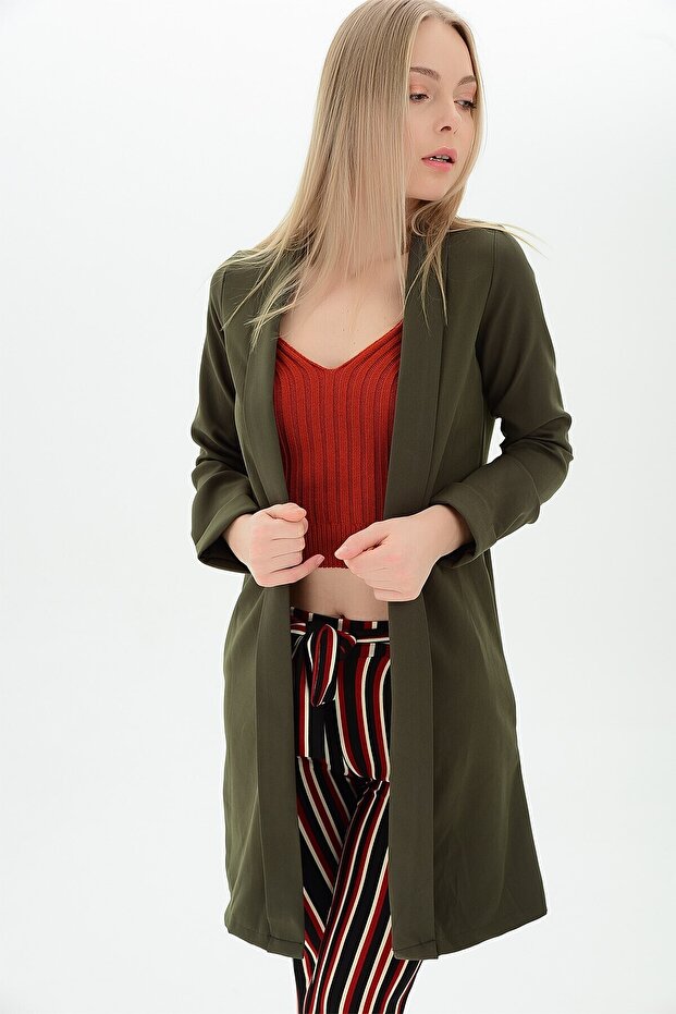 9112858 Azra Pervazlı Long Jacket Khaki