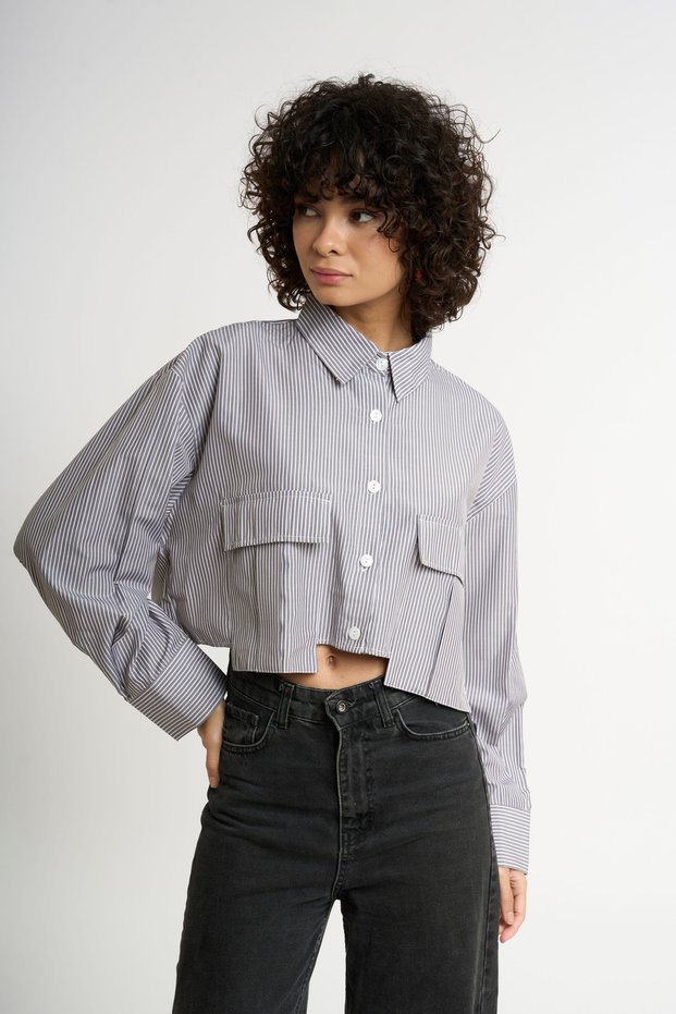 Gray-Large Pocket Detailed Striped Crop Shirt- 44-50 | 4030