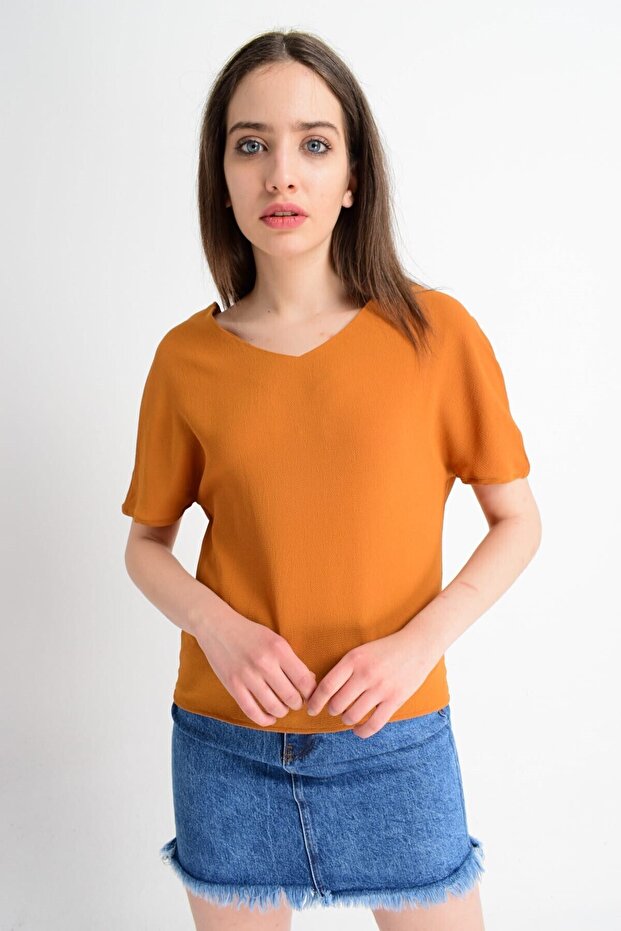 8122611 Kobe V-Neck Back Neckline Trimmed Batwing Sleeve Blouse Mustard
